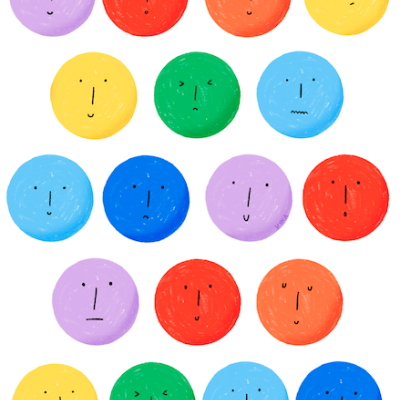 Círculos coloridos com rostos desenhados expressando diferentes emoções