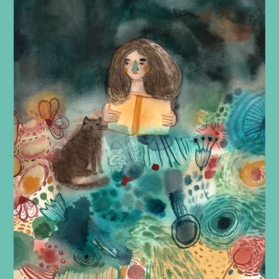 Ilustração colorida de menina lendo com gato e fundo abstrato colorido