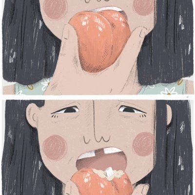 Ilustração dupla mostrando pessoa mordendo maçã pêssego com pedaços brancos internos