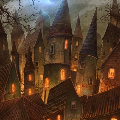 Casas antigas e torres à noite com janelas iluminadas e lua cheia