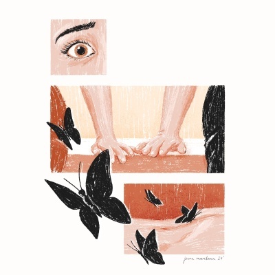 Ilustração de um olho castanho, mãos pousadas e borboletas pretas
