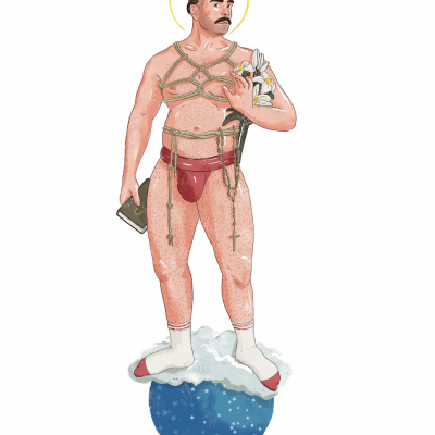 Ilustração de homem com arnês vermelho em pé sobre nuvem azul com estrelas.