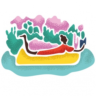 Pessoa a ler deitada num colchão amarelo sobre água, rodeada por plantas coloridas