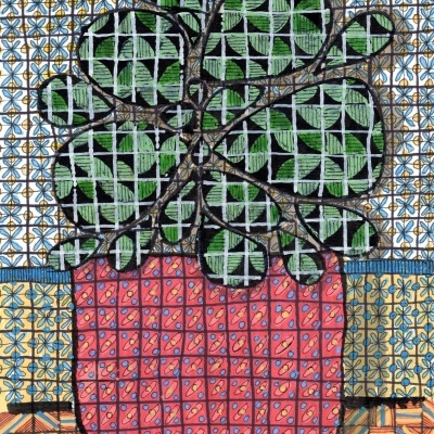 Desenho colorido de planta verde em vaso vermelho com padrões geométricos sobre fundo de azulejos decorativos