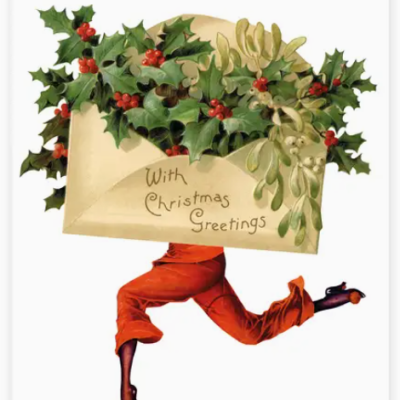 Envelope de Natal com ramos verdes e pernas femininas vestindo calças vermelhas