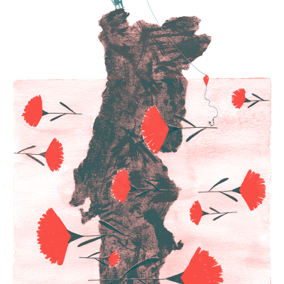 Ilustração de pessoa a pescar em rocha com flores cor-de-rosa à volta