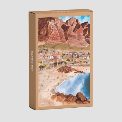 Puzzle com ilustração da praia Camps Bay com mar, areia, rochas e montanhas