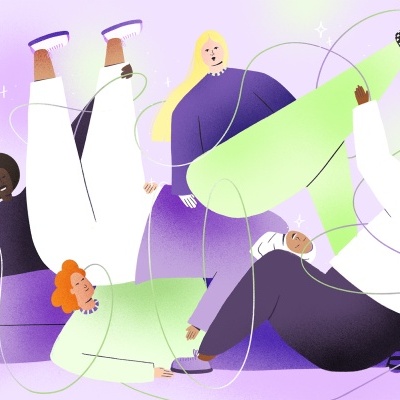 Ilustração digital de cinco pessoas com roupas largas de cores variadas e linhas finas ao redor