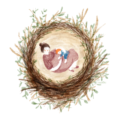 Ilustração de mulher e criança deitados numa estrutura redonda de ramos que parece um ninho