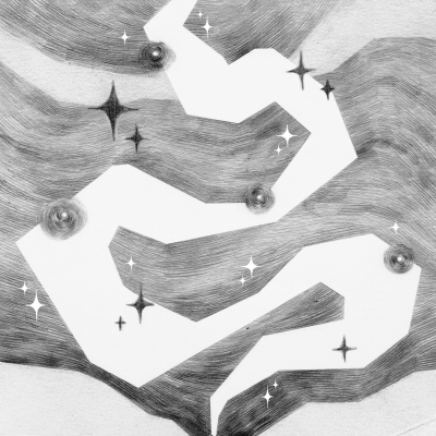 Ilustração a preto e branco de uma casa com fumo formando padrão estrelado no céu