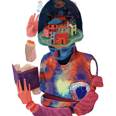 Ilustração digital de figura humana azul com casas no topo da cabeça segurando livro