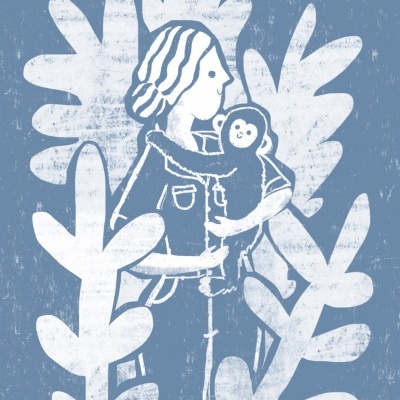 Ilustração vintage azul e branca de pessoa segurando macaco com folhas ao fundo