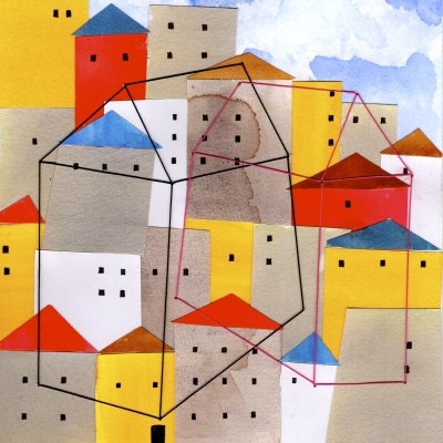 Ilustração abstrata de casas coloridas com telhados triangulares e linhas geométricas sobrepostas