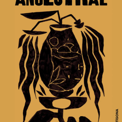 Capa de livro amarelo com texto e ilustração preta abstrata