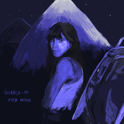 Ilustração de mulher de costas com montanha e texto no céu noturno