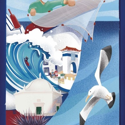 Ilustração de pescador, onda, edifício branco, ouriço-do-mar e albatroz com texto 'Ericeira'