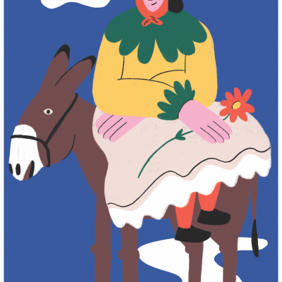 Ilustração colorida de mulher sentada num burro com flores e roupa tradicional