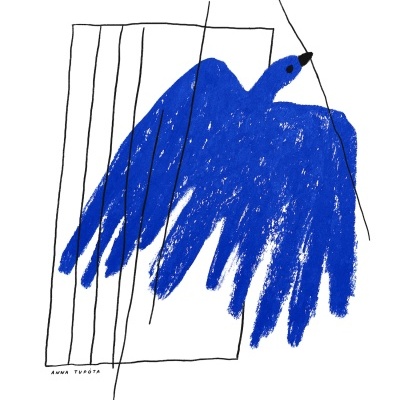 Desenho artístico de um pássaro azul com asas abertas e linhas pretas no fundo branco