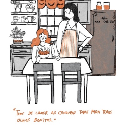 Ilustração de cozinha com duas mulheres e legume na tigela, prateleiras e armário com texto ANA CALIGO.