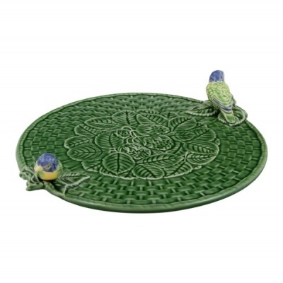 Prato cerâmico verde decorativo com pássaros coloridos nas bordas