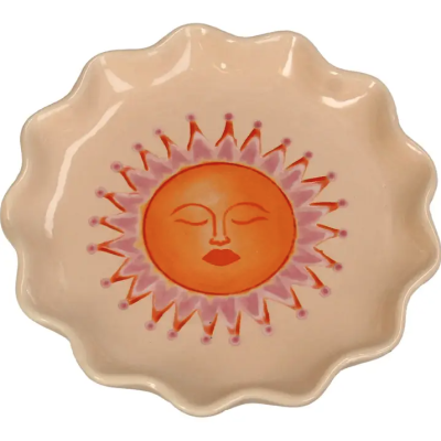 Prato decorativo cerâmico com desenho de sol laranja no centro