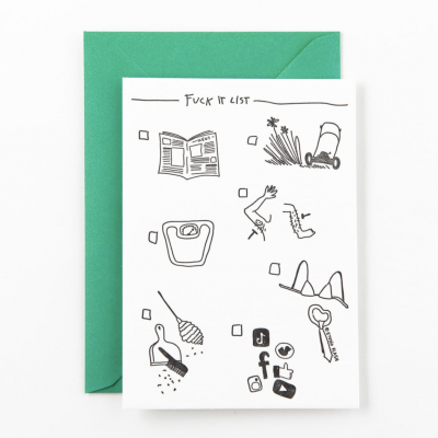 Cartão branco com desenhos pretos e envelope verde