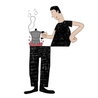 Pessoa com roupas pretas a fazer café numa cafeteira moka com vapor e fogo.