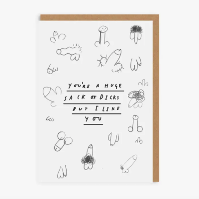 Cartão postal com desenhos de pénis e texto humorístico