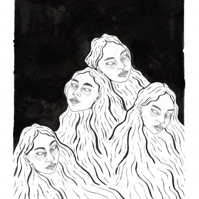 Ilustração de quatro cabeças femininas com cabelos brancos e fundo preto.