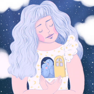 Mulher com cabelo azul e vestido estrelado segurando um rato em fundo estrelado.