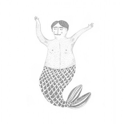 Desenho a preto e branco de um tritão com cauda de peixe e corpo humano nu.