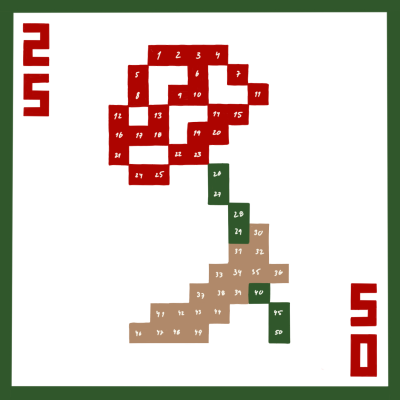 Desenho pixelizado de flor numerada com 50 quadrados coloridos em fundo branco