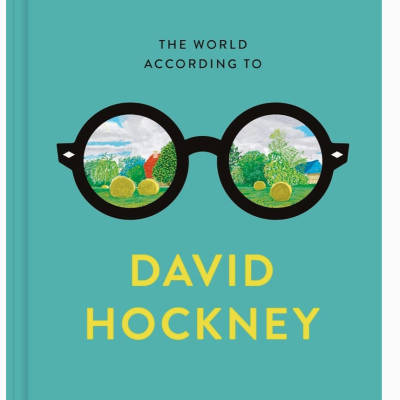 Capa azul turquesa de livro com título DAVID HOCKNEY e ilustração de óculos pretos com paisagem nas lentes