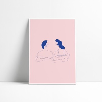Cartaz com ilustração minimalista de casal com cabelo azul sobre fundo rosa
