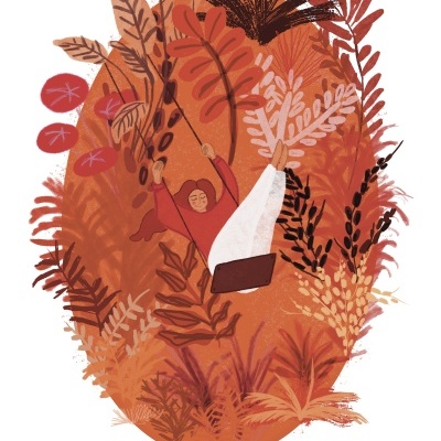 Pessoa num baloiço rodeada por plantas em tons quentes