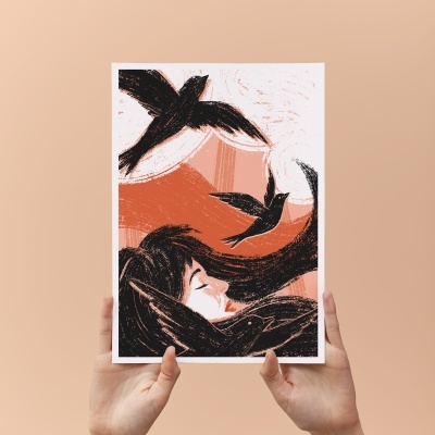 Pôster ilustrativo com mulher e pássaros em cores laranja, preto e branco.