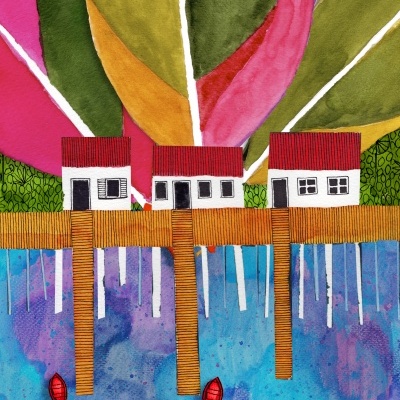 Casas de madeira com telhados vermelhos sobre água azul em ilustração colorida com folhas grandes ao fundo