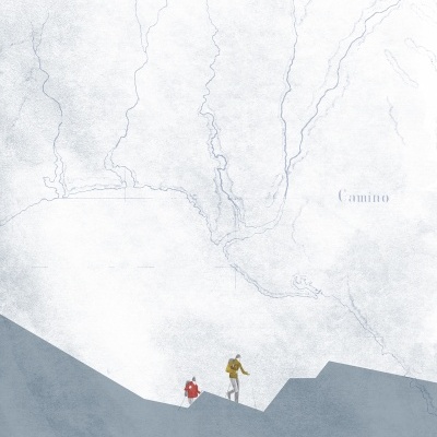 Ilustração minimalista de duas pessoas caminhando em terreno azul-acinzentado com fundo branco e linhas de mapa azuladas