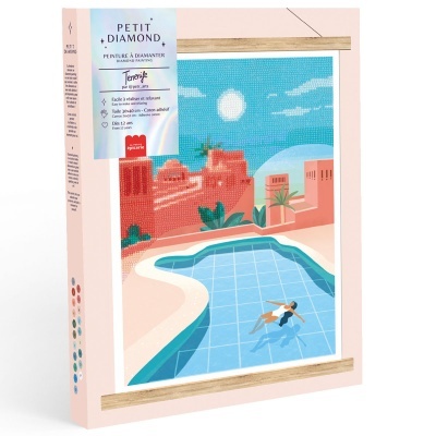 Kit pintura a diamante com imagem de piscina e figura humana em cidade vermelha