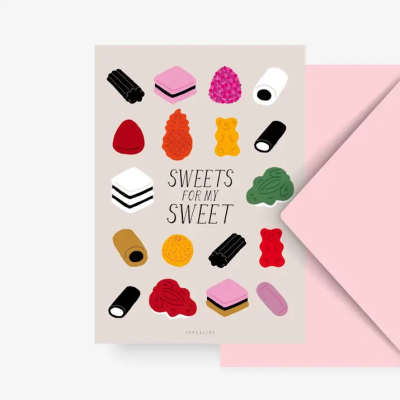 Cartão decorativo com doces coloridos e texto central