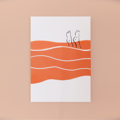 Cartaz minimalista com ondas laranja e dois pés desenhados
