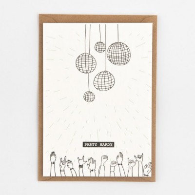 Cartão com desenho de bolas de espelho e mãos levantadas, texto 'PARTY HARDY'.