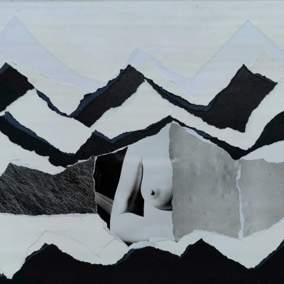 Colagem artística em preto, branco e cinza com figuras de montanhas e corpo humano