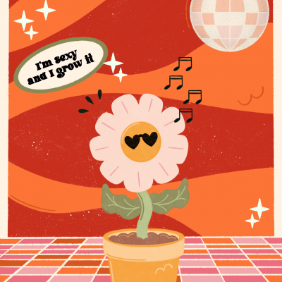 Ilustração de flor animada num vaso com texto divertido e disco de discoteca ao fundo