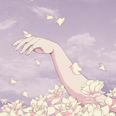 Braço humano branco a emergir de flores cor-de-rosa sob um céu púrpura com pétalas ao vento