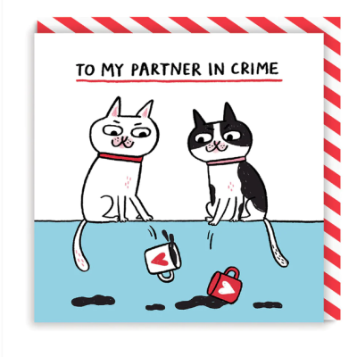 Cartão ilustrado com dois gatos e texto To My Partner In Crime