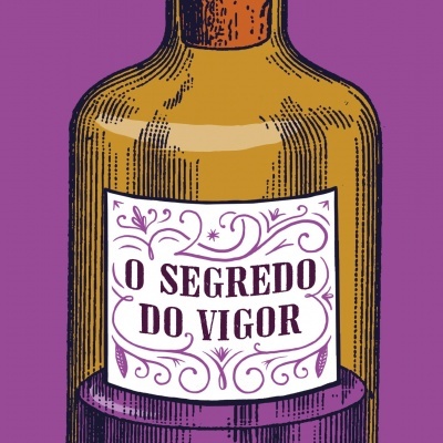 Garrafa de vidro âmbar com rolha e rótulo 'O SEGREDO DO VIGOR'