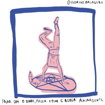 Desenho colorido de pessoa a fazer pino e texto em português sobre aguardente