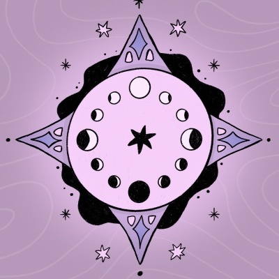 Design gráfico de fases da lua com elementos astrais em fundo lilás