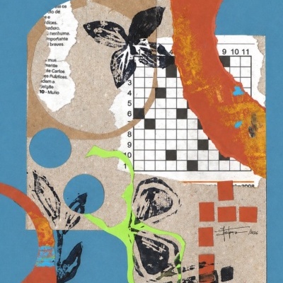 Padrão abstrato colorido com círculos, palavras em português e palavras cruzadas sobre fundo azul.